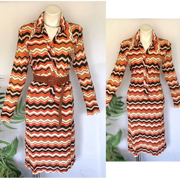 v i n t a g e :: Authentic Mod Zig Zag Chevron Dagger Buttoned Dress - Picture 3 of 14
